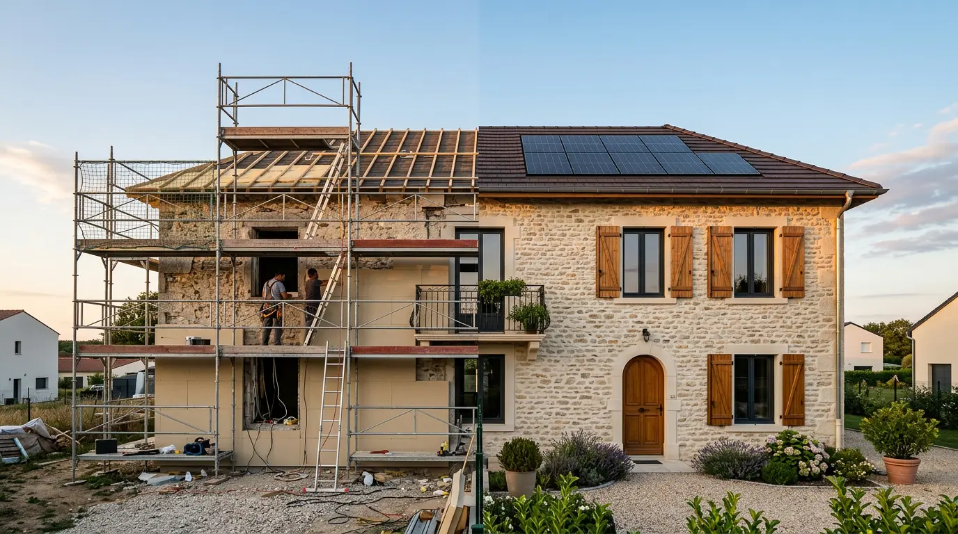 Chantier de rénovation énergétique d'ampleur sur une maison ancienne.
